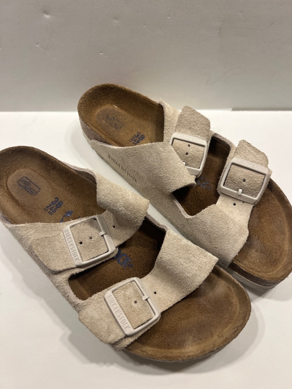 Birkenstock Two-Strap Suede Sandals in Light Beige